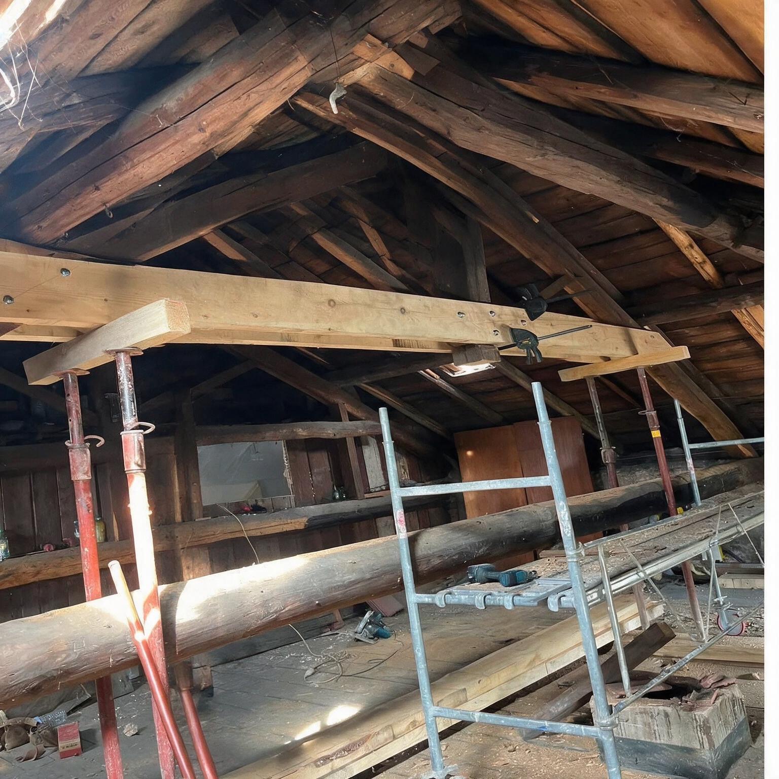 Renfort d'une ferme de charpente ancienne par moisage lors d'une rénovation dans les Vosges